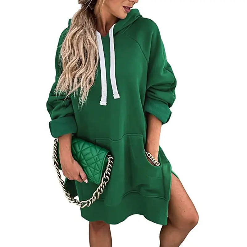 YHH-117 Hoodies e camisolas das mulheres Manga Longa Split Hem Hoodie Dress com canguru bolso mulheres hoodie