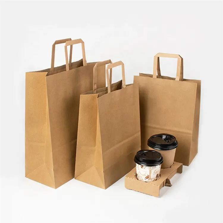 Özel baskı restoran kahve gıda paket taşıma ambalaj çanta ile Logo düz saplı geri dönüşümlü düz Kraft kağıdından poşet