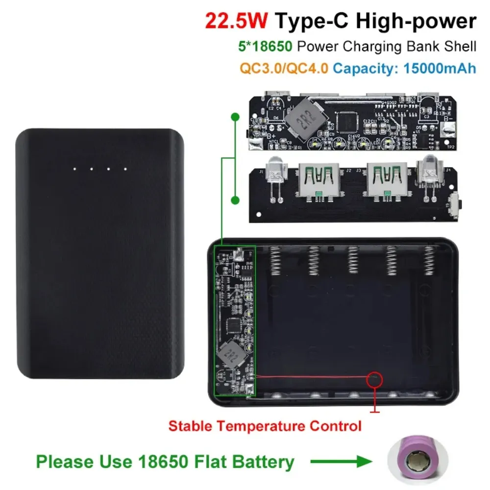 QC4.0 QC3.0 Dual USB Micro/Type-C USB 5*18650 Power Bank Battery Box 5V 4.5A 22.5W 15000mAh Mobile Phone Charger DIY Shell Case