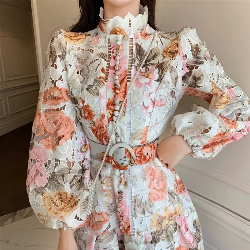 ZYHT Hot Selling Women clothing Fashion Spring Autumn Puff Sleeve Dress Long Sleeve Floral Dress Hollow Out Lace Ladies Dresses