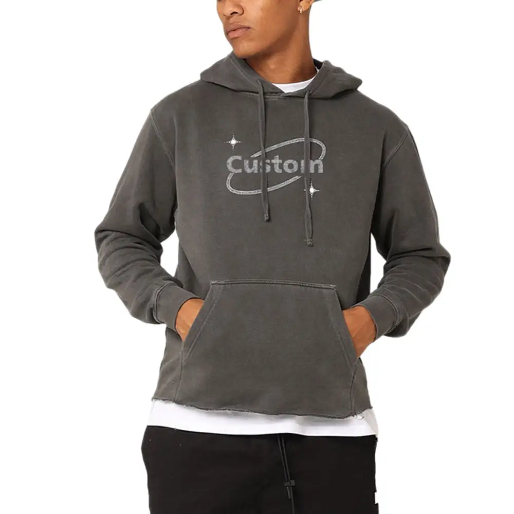 Hoodie pinggiran crop pria terry Prancis berat OEM logo kustom hoodie vintage untuk pria hoodie pullover cuci asam streetwear kualitas tinggi