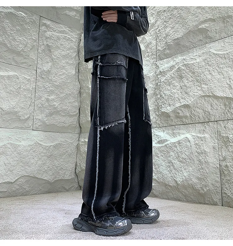 Özelleştirilmiş sokak Retro tembel yüksek sokak sıkıntılı Hip Hop Patchwork yırtık erkek geniş bacak Denim pantolon kot demektir