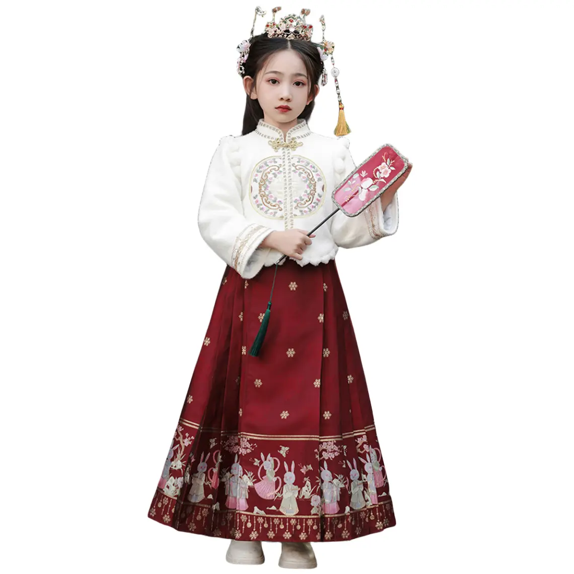 Hanfu معطف الفتيات تنورة وجه الحصان الصين - تشيك فستان الزفاف ملابس الشتاء للاطفال نمط الصينية السنة الجديدة
