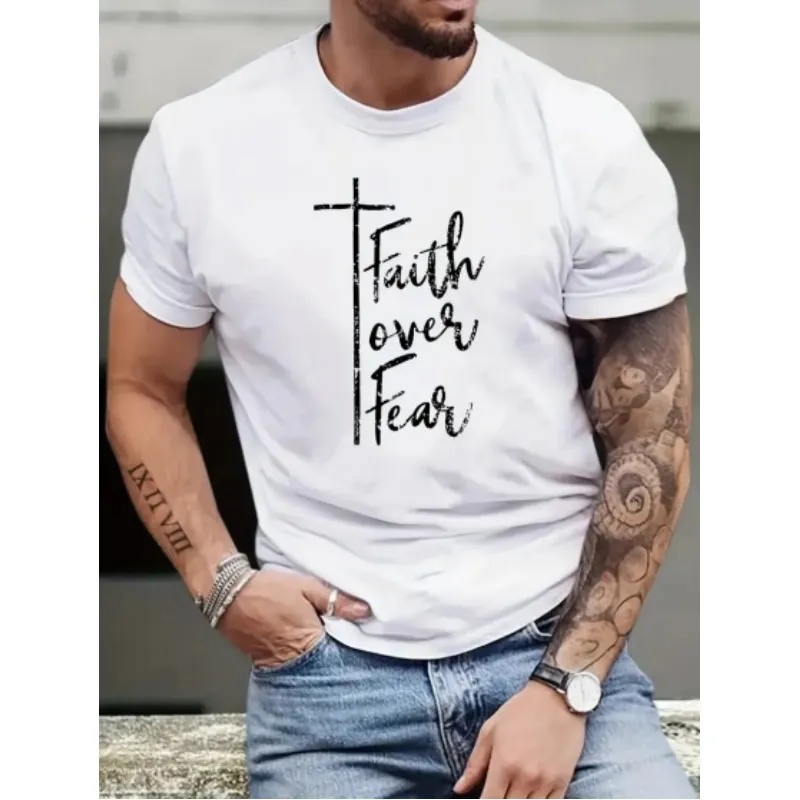 T-shirt da uomo "Faith Over Fear" t-shirt a maniche corte girocollo estate abbigliamento Casual da uomo t-shirt bianche grafiche