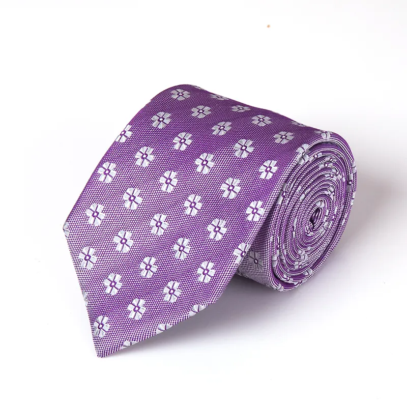 Moda özel çiçek madalyon kravat mor beyaz işlemeli ipek boyun kravat