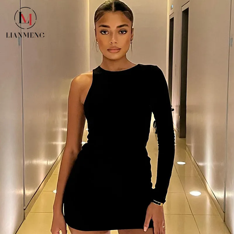 LIANEMENG AS460 Custom Solid One Shoulder Bodycon Casual Dress Long Sleeve Party new dress designs 2022 online shopping