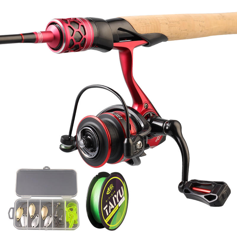 Red spinning rod reel line lure