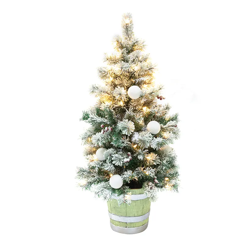 Pino verde iluminado dorado de 2 pies, soporte de tocón de plástico personalizable, árbol de Navidad en maceta pequeño de PE con bolas de Navidad