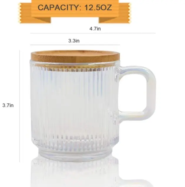 Taza de café de vidrio transparente con tapa Taza de té de vidrio de rayas verticales