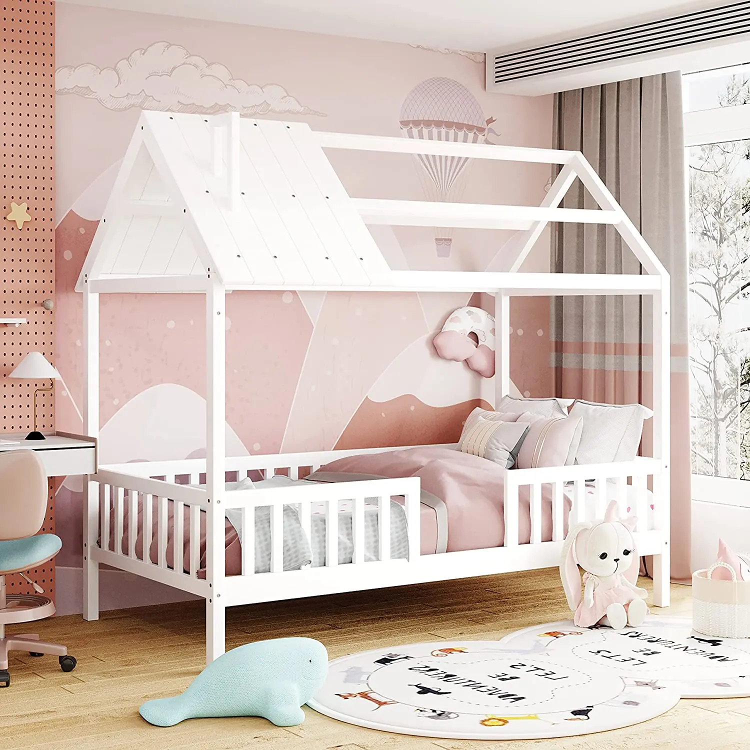 Hot Sale Single Size Kids House Bed Wooden Kids Bed Frame with Roof and Fence for Living Room Bedroom Kids' Beds Boy