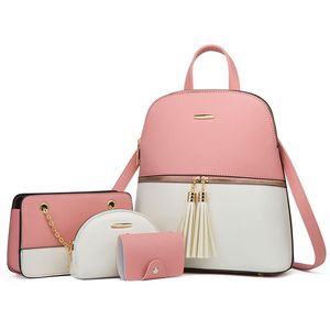 4ピース2021新スタイルホット販売人気の女性のバッグピンクスクールバッグショルダーバッグメイン財布トップハンドルサッ財布セット