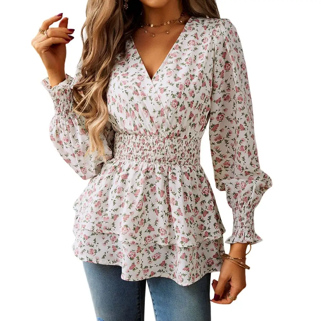 Blusa floral Top de manga larga con cuello en V de otoño/Invierno para mujer