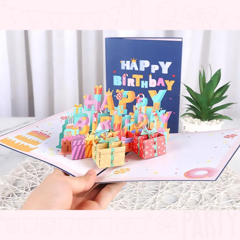 Cartão de felicitações para feliz aniversário, cartão de felicitações em 3D para aniversário, papel de lembrancinhas e lembrancinhas