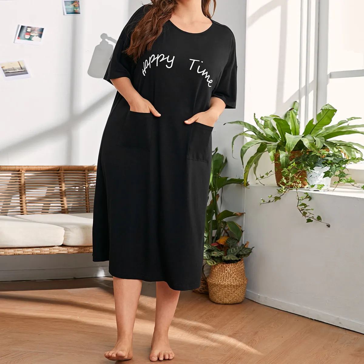 Plus Size Double Pocket Letter Print Nachthemd Free Size Long T-Shirt Frauen Home Night Dress