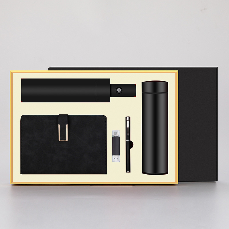 Ensemble de cinq pièces pour ordinateur portable, parapluie, clé USB, stylo, tasse, noir