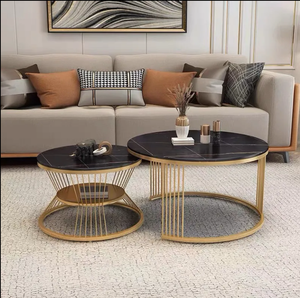 Contemporary Round Nesting Bent Black Gold Metal Side Glass Marble Stone Mdf Wood Coffee <strong>Table</strong> Nest of <strong>3</strong> <strong>Table</strong> <strong>Set</strong> Nesting <strong>Table</strong> - Product Image 2