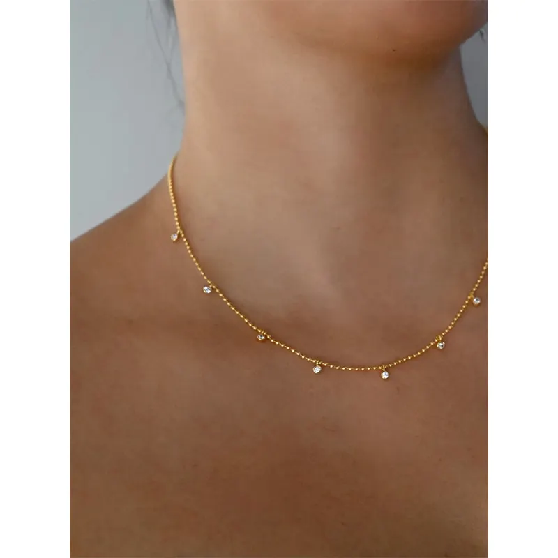 Piccola catena di perline collana di zirconi rotondi sfera sfera 14K collane placcate oro donna Trendy Chic Modern Minimalist Jewelry 2023