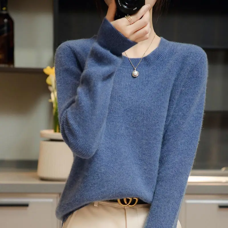 Disesuaikan 100% Wol Murni Wanita Sweater Pullover Pakaian Musim Dingin Rajutan Leher Bulat Wol Sweater Kasmir