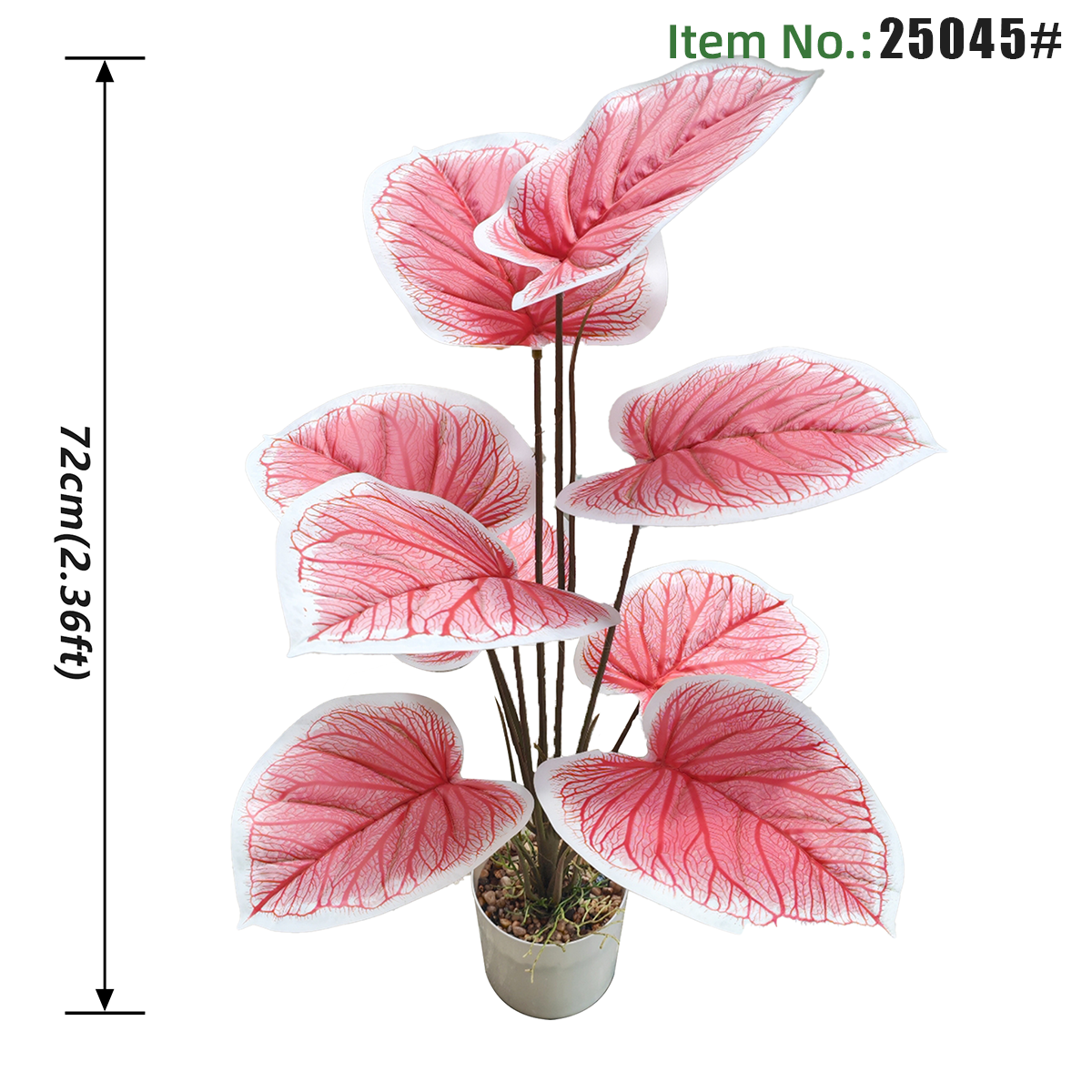 Plante artificielle en pot Caladium à veines roses, 72 cm