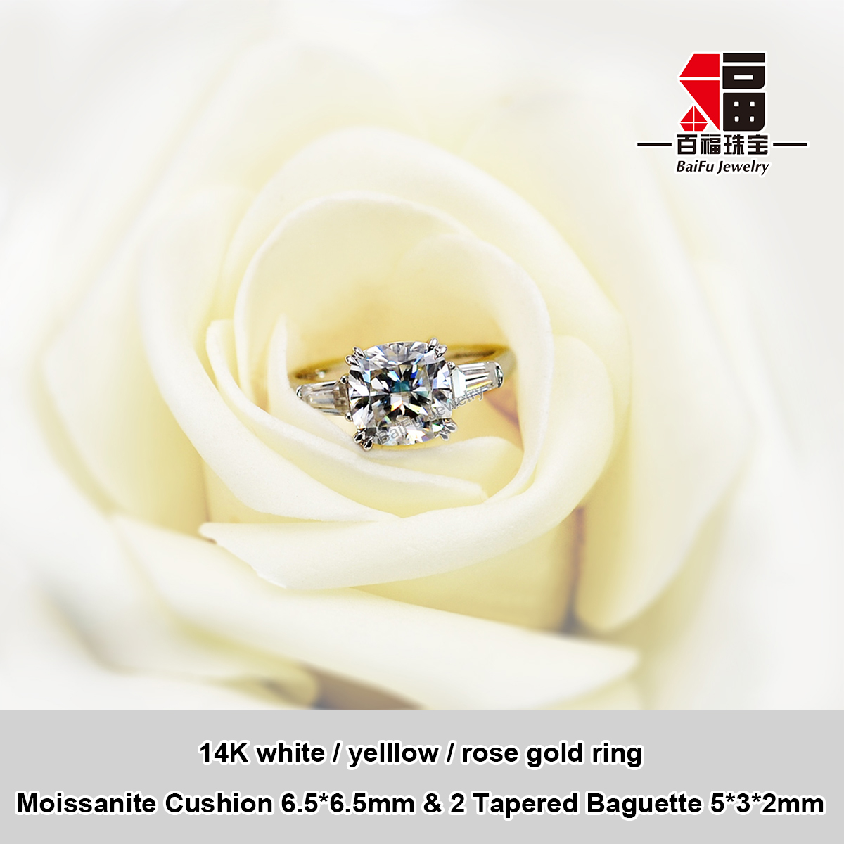 Bague en or 14 carats, Moissanite Coussin 6.5 & 2 Baguettes Tonnées 5*3*2