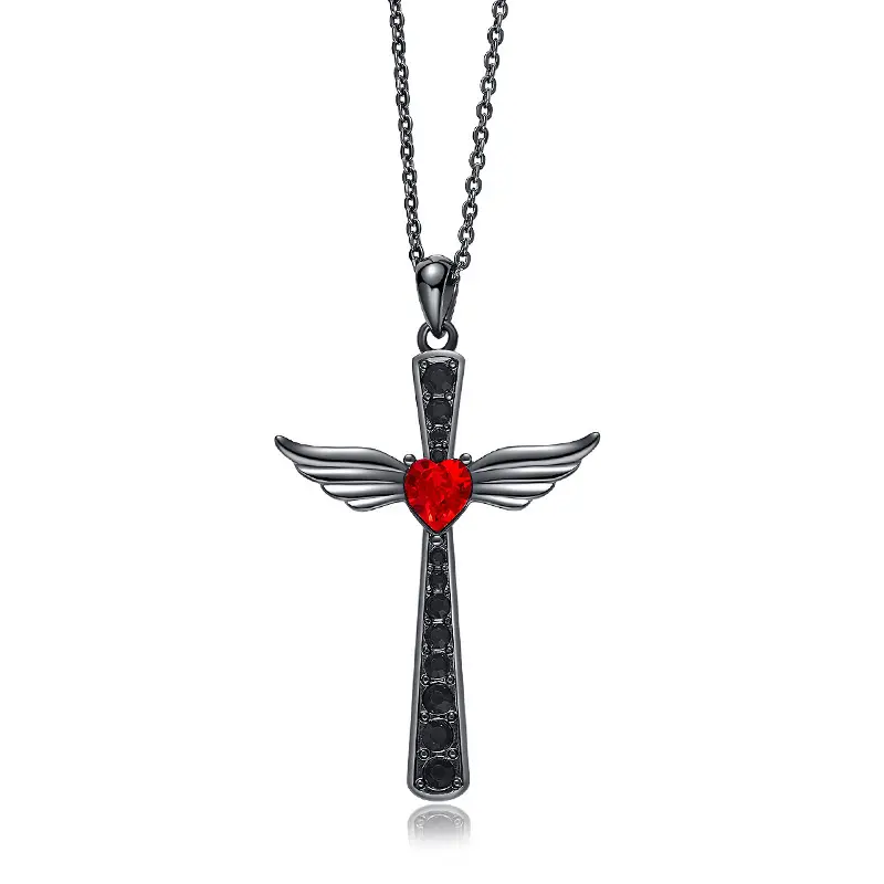 Collier européen en pierre de cœur rouge, croix d'aile d'angle noir pour filles unisexes, nouvelle collection Offre Spéciale