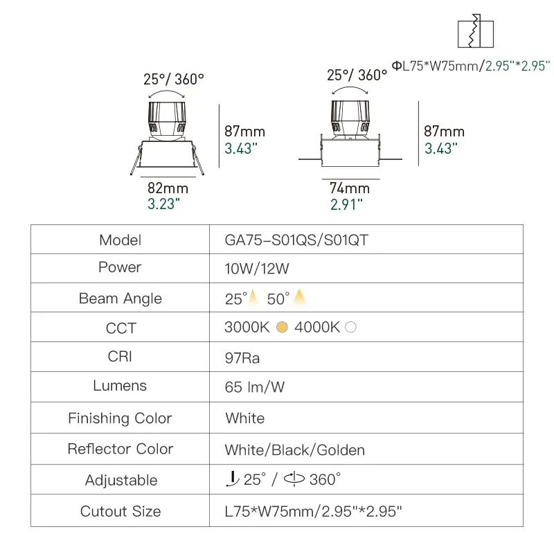 XRZLux eingebetteter schrägbares Deckenlicht 10 W quadratisches LED-Downlight ETL CRI97 einstellbares COB LED-Downlight Hotel-/Hausbeleuchtung