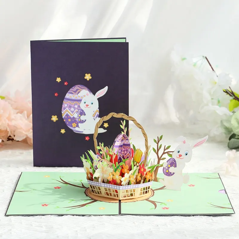 Tarjeta de felicitación 3D, conejito de huevo de Pascua, tarjeta emergente, escultura de papel hecha a mano creativa, tarjeta de mensaje