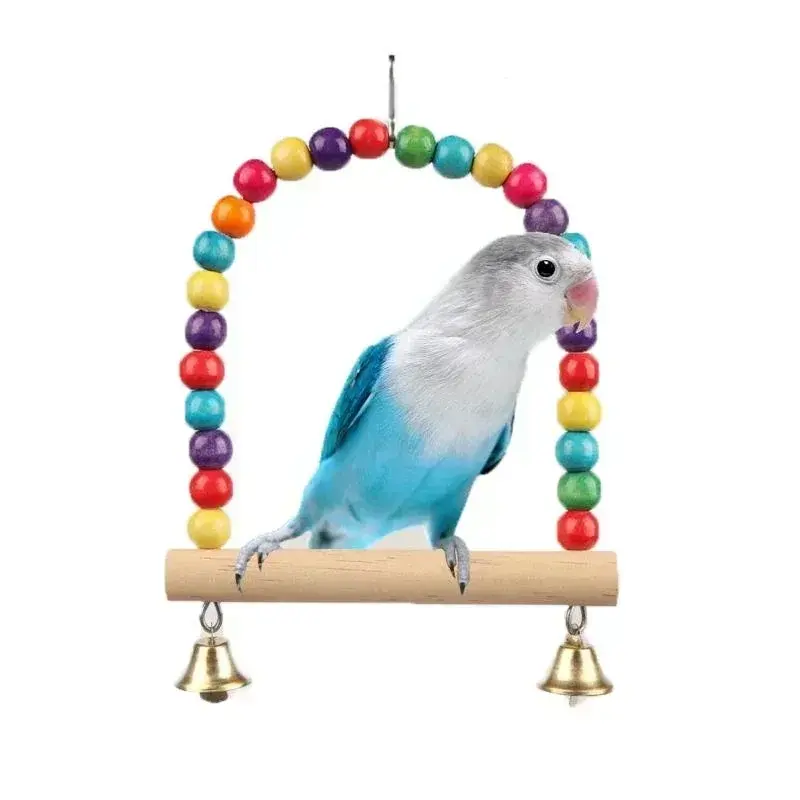 Langlebige Holz papageien stehen Schaukel Spielzeug Vögel Bunte Perlen Vogel zubehör Glocken Spielzeug Barsch Hängende Schaukeln Käfig für Haustiere
