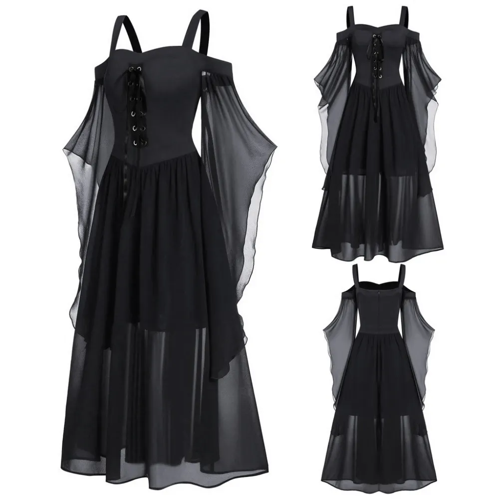 Thời Trung Cổ Phục Hưng Phụ Nữ Trưởng Thành Gothic Retro Cosplay Trang Phục Băng Witch Sling Dây Đeo Big Swing Dress 5 Màu Sắc L-5XL