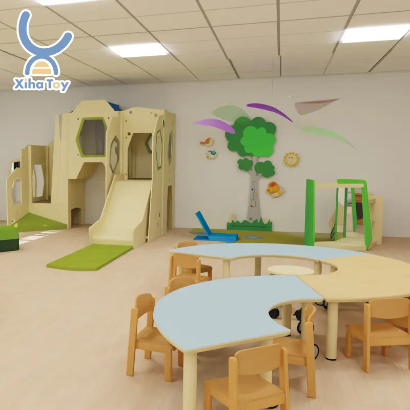 Soluzione One Stop per asilo nido in età prescolare bambini in legno interni Montessori mobili ambiente in classe disegni