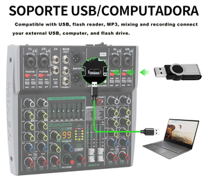 Xtuga <strong>6</strong> Channel <strong>Audio</strong> Mixer Portable Sound Mixing Console USB <strong>Interface</strong> Computer <strong>Input</strong> 48V Phantom Monitor <strong>Audio</strong> Recording - Product Image 6