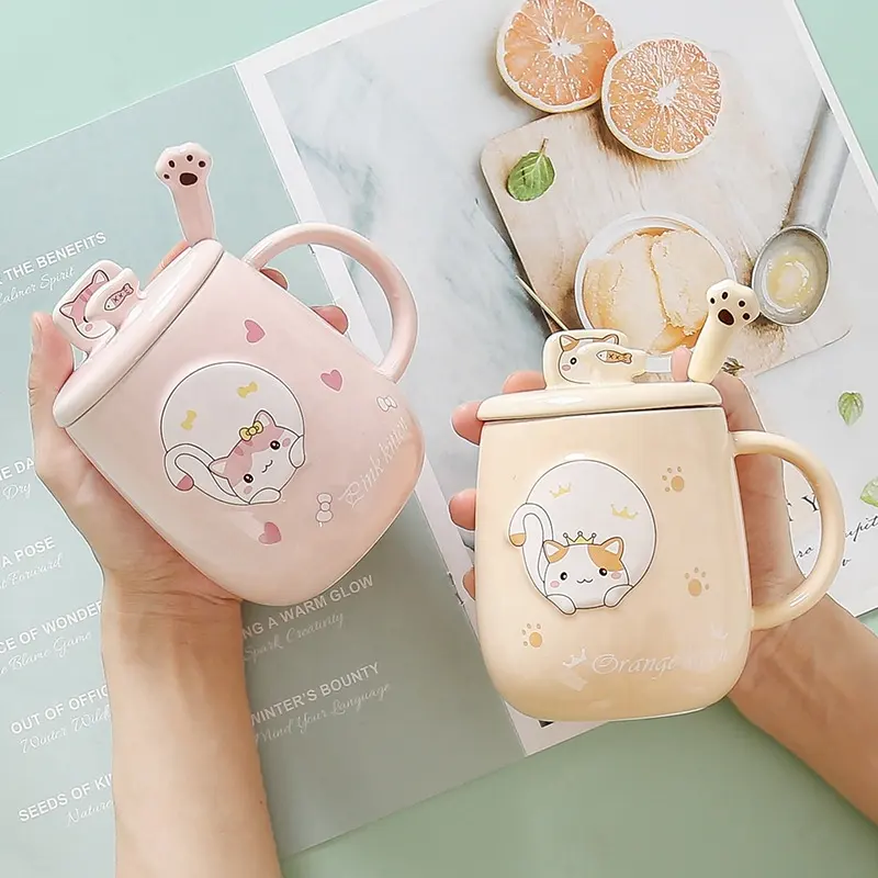 Kawaii cute cat design household office girls ceramic coffee mug with spoon
