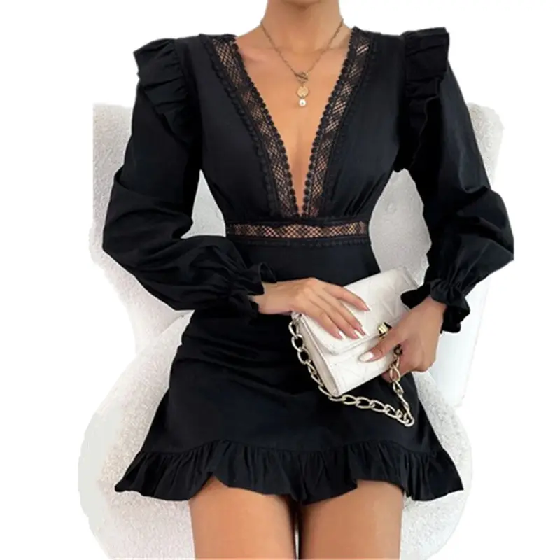Vestidos de renda 2022, novo vestido de renda para escritório, feminino, slim, com decote em v, manga longa, elegante, preto