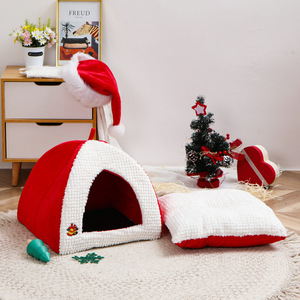 2024 yeni çevre dostu noel peluş Pet kedi yuva yarı-kapalı üçgen tasarım kapalı açık kullanım köpekler için kolay hareket katı - Product Image 4