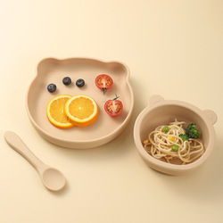 Bear plate bowl spoon-milk tea color