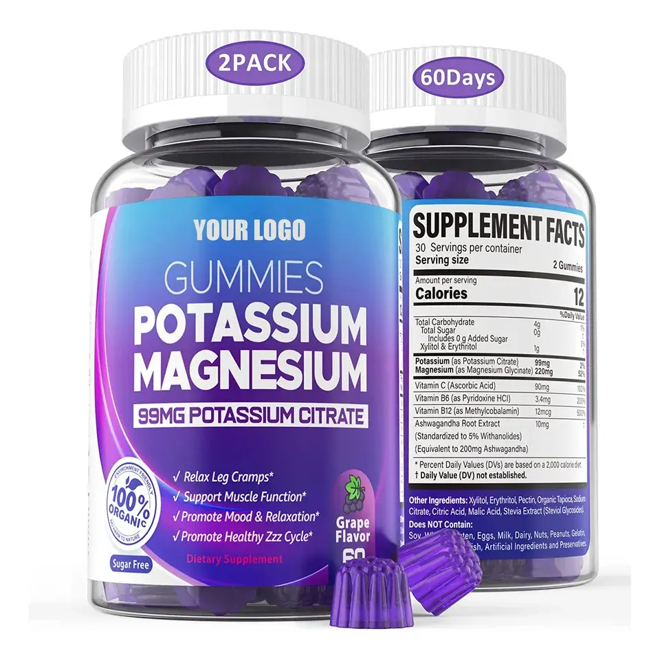 Citrate de potassium sans sucre 99mg avec glycinate de magnésium Ashwagandha Gummies pour la relaxation musculaire humeur énergie santé cardiaque