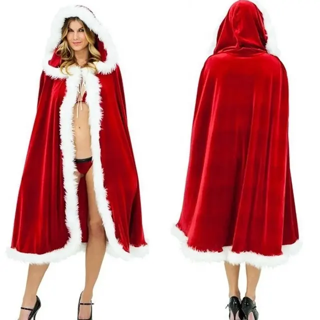 Capa con capucha y borde peludo de terciopelo rojo para mujer y niña, capa de escenario, ropa de Cosplay de Santa Clause, novedad