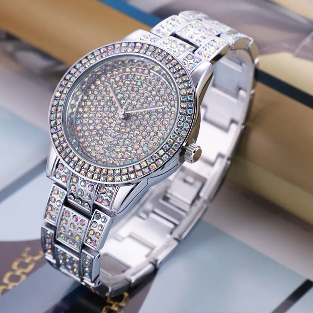 Reloj de mujer con diamantes a la moda, reloj de pulsera de lujo Hip Hop al por mayor para mujer, relojes de pulsera de cristal