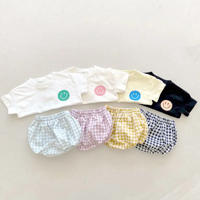 Traje de verano para bebé, camiseta con sonrisa y bombachos a cuadros, conjunto infantil coreano, ropa informal para niño pequeño, 2 uds.