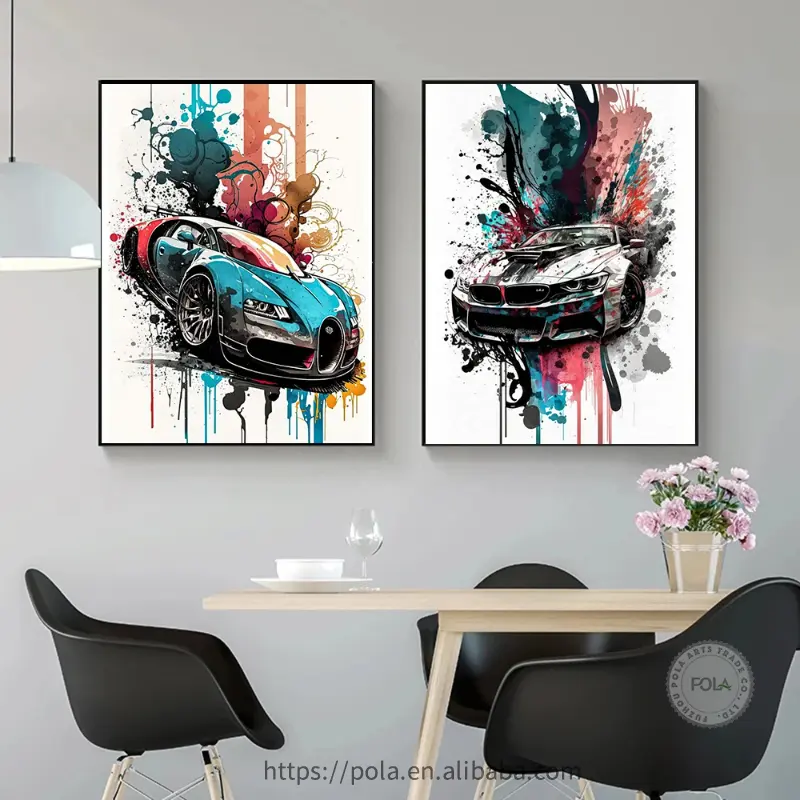 Pintura en lienzo de coche de carreras de acuarela dúplex e impresión minimalista Graffiti coche lienzo pintura abstracta pared decoración del hogar