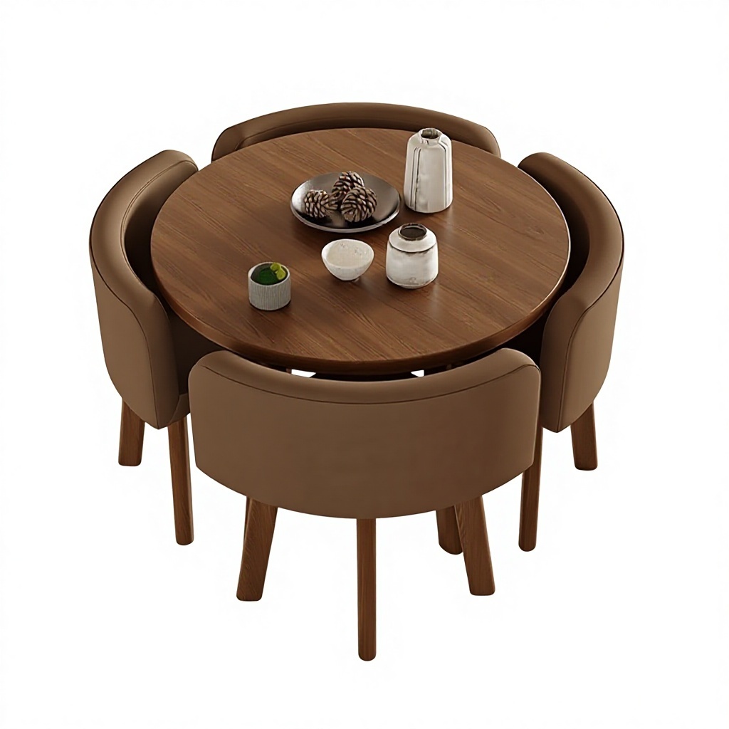 80cm walnut patterned round table + 4 coffee fabric chairs