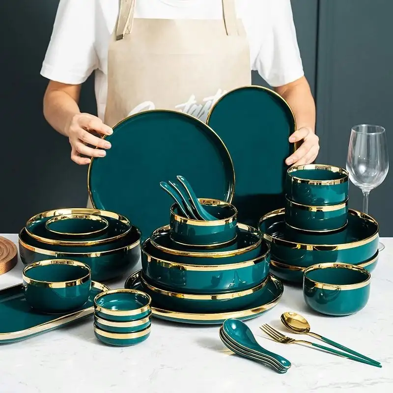 Keramische Diner Platen Servies Set Gerechten Luxe Groen Voedsel Salade Soepkom Plaat En Kommen Set Voor Restaurant Hotel