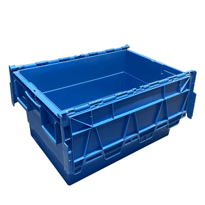 Contenedores de tapa adjuntos encajables de alta resistencia, caja de mano de plástico, contenedor de almacenamiento de plástico con tapa de doble solapa para almacenamiento