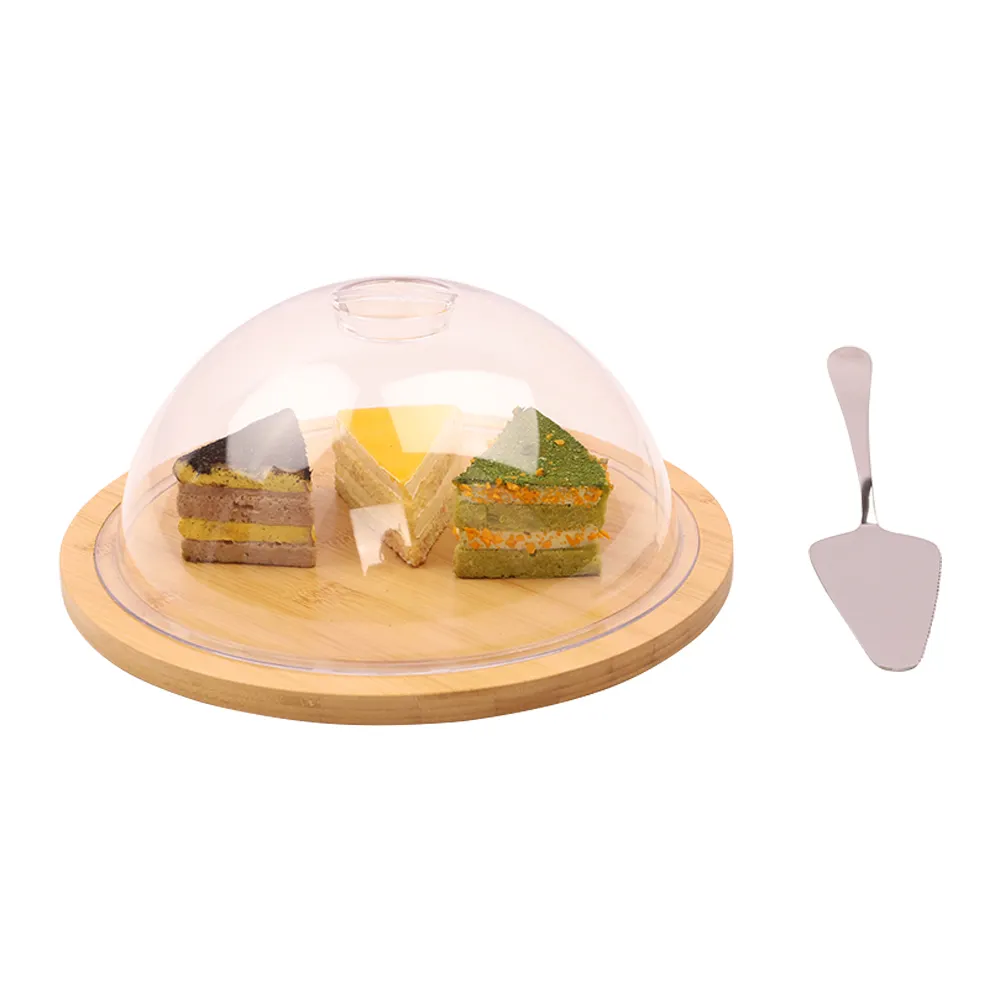 대나무 케이크 스탠드 홀더 서빙 플래터 스낵 트레이 투명 아크릴 돔 커버와 컵케익 디스플레이