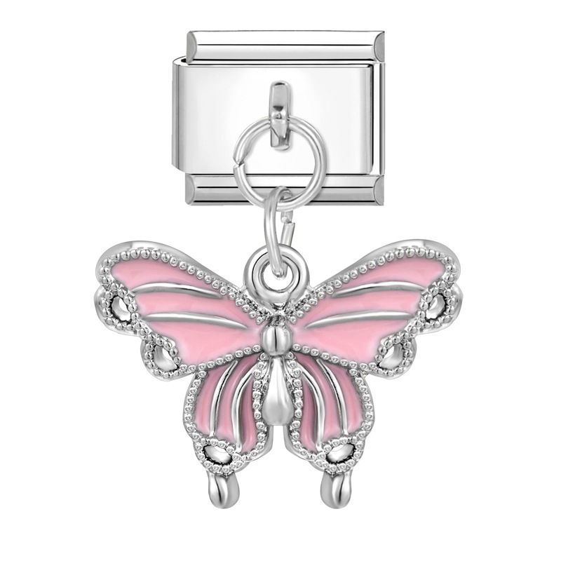 Pendentif fond acier-papillon rose