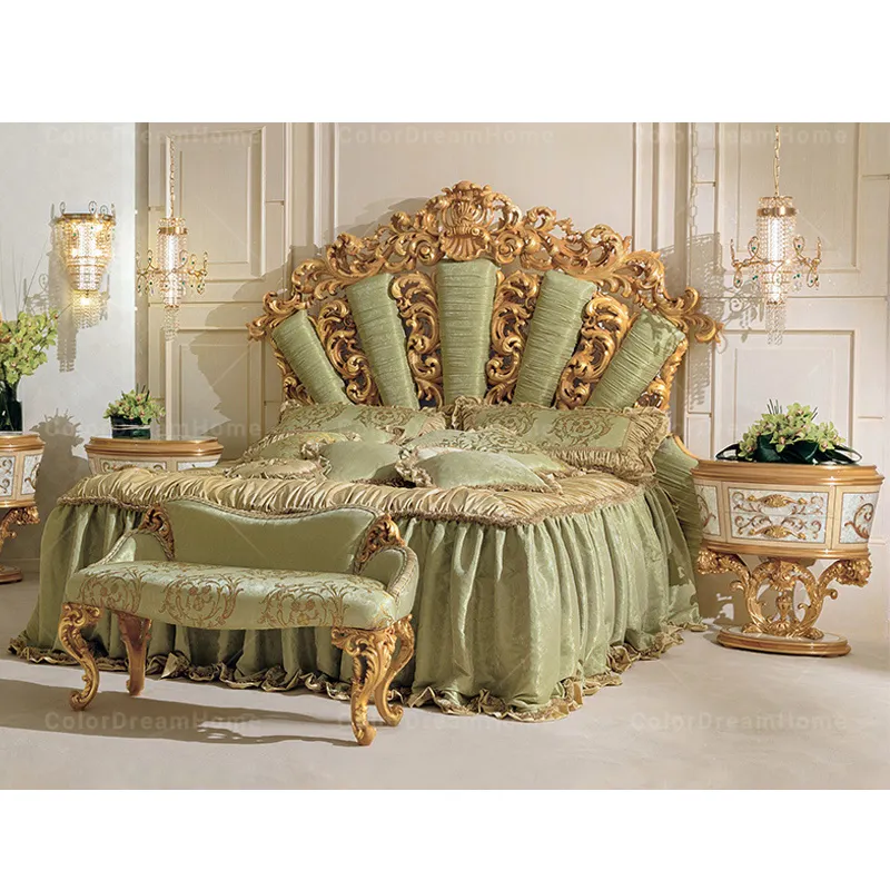 Rococo-Conjunto de muebles de dormitorio hechos a mano, cama doble tallada pesada y mesita de noche