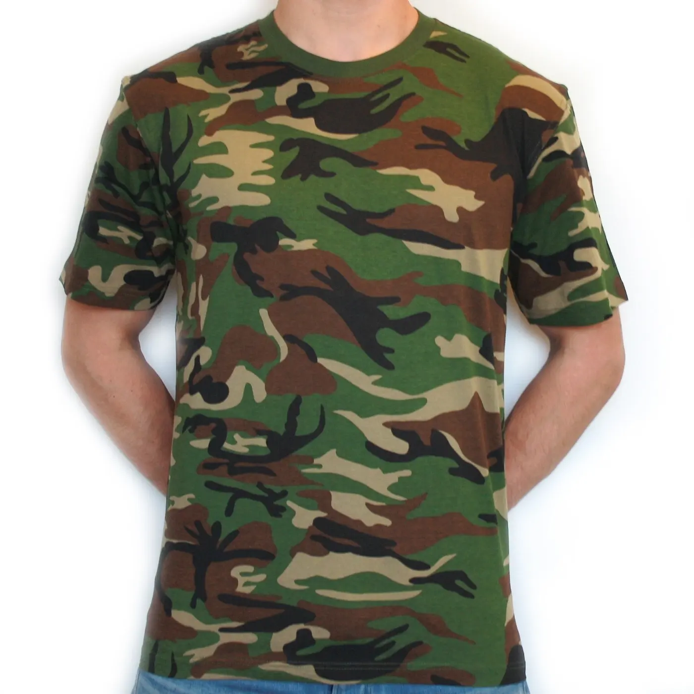 Camiseta de camuflaje de algodón de manga corta, ropa deportiva de camuflaje, tacto suave, camiseta sostenible a granel, venta al por mayor