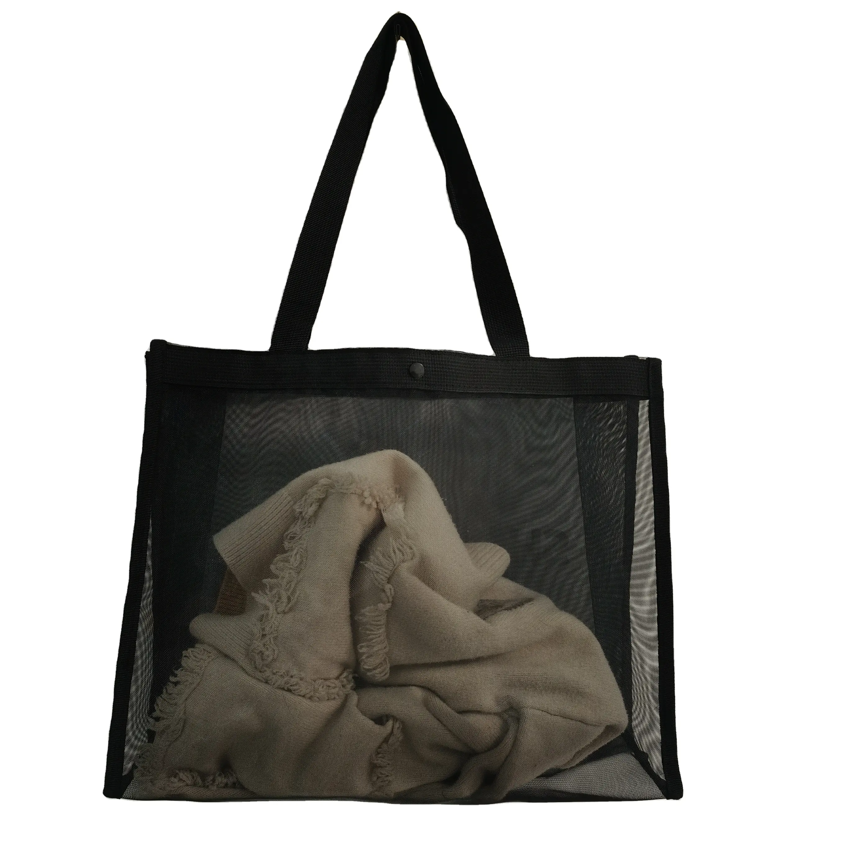 Roupas armazenamento alça sacola dobrável grande capacidade black walker sacolas net mesh shopping bag