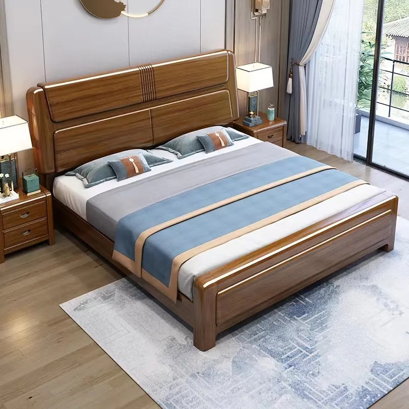 Cama de madera sólida de nogal para dormitorio principal, mueble de dormitorio de estilo chino, tamaño King, almacenamiento Simple y moderno