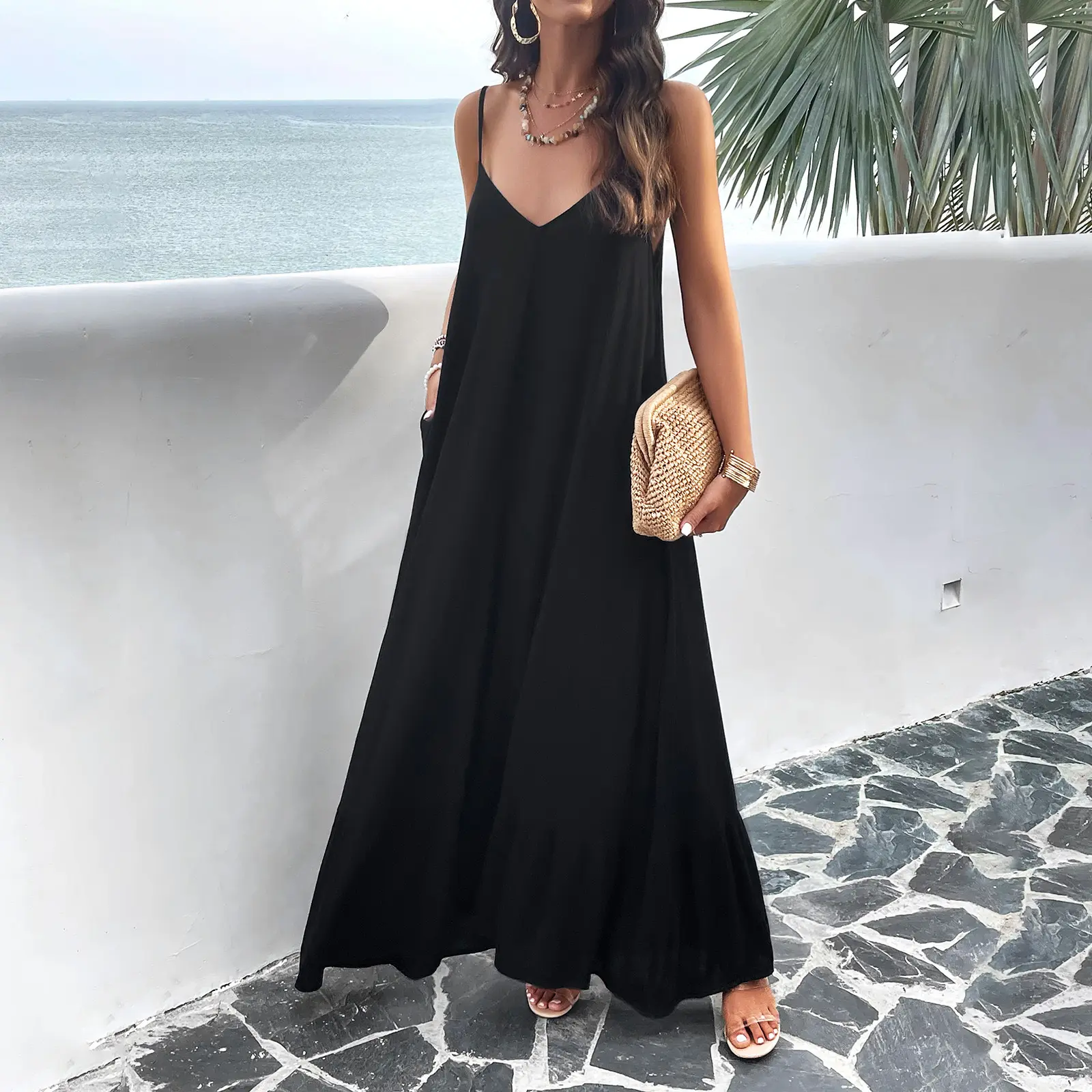 Sin mangas Casual Split Long Maxi Beach Slip Dress Loose Ladies Spaghetti Strap Floral D638 Mujer Verano Tallas grandes Natural